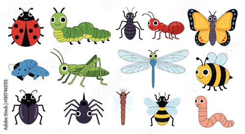 Cute cartoon insects and bugs collection, including ladybug, caterpillar, ant, butterfly, grasshopper, dragonfly, bee, spider, and worm