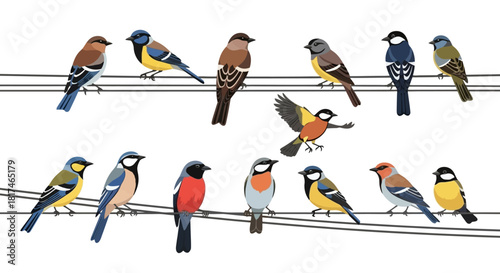 Collection of Various Colorful Birds Perched on Electrical Wires Isolated on White Background