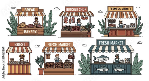 Illustrative Market Stalls A Collection of Bakery, Butcher Shop, and Fresh Produce Displays
