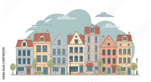 Illustration of a charming European street with diverse, colorful old buildings and storefronts, depicting quaint urban architecture and a peaceful townscape