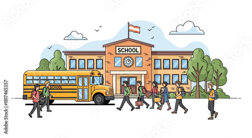 School day scene students arriving by bus at the school building