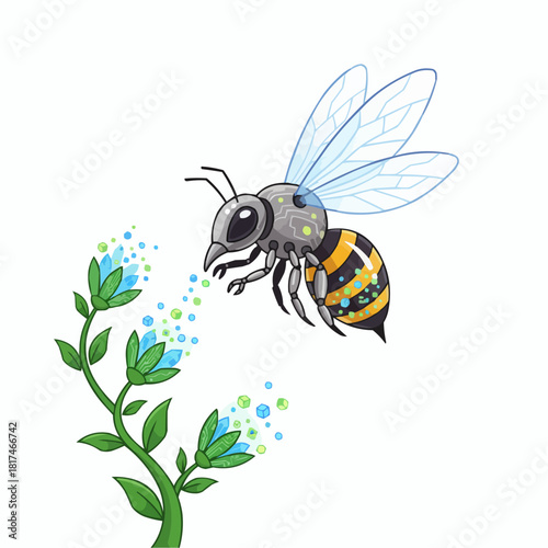 Illustration of a bee hovering near a flowering plant with blue flowers