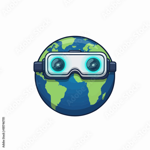 Earth globe wearing vr headset displaying galaxies inside the lenses