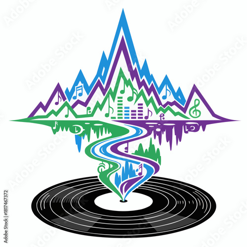 Abstract music landscape with vinyl record and musical note mountains
