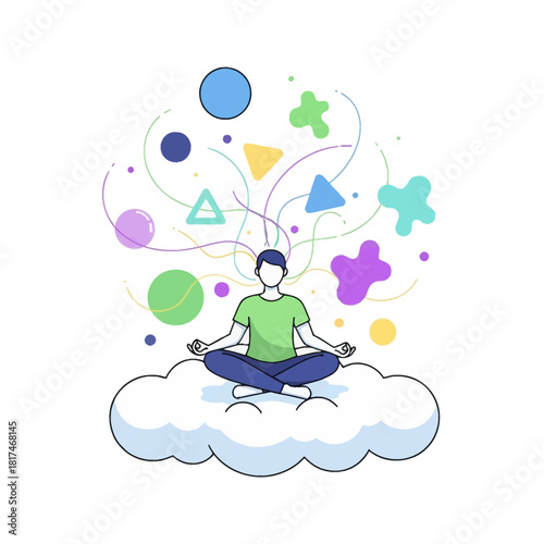 A serene person meditates on a cloud, surrounded by soft abstract shapes and gentle energy lines, symbolizing mindfulness and mental balance in a vibrant 2D flat illustration.