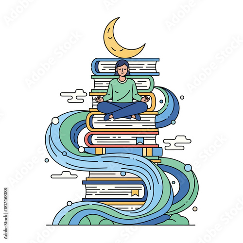 A person meditates in the lotus position atop a tall stack of books, supported by a crescent moon and flowing abstract water, symbolizing mental clarity in a 2D flat illustration.