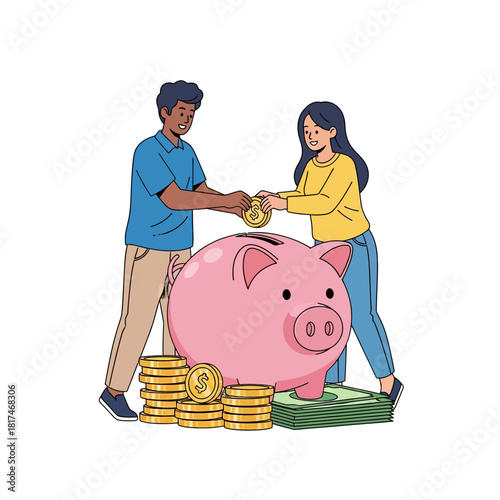 A young couple jointly adds a coin to an oversized pink piggy bank resting on stacks of money in this vibrant 2D flat vector illustration, symbolizing financial savings goals.
