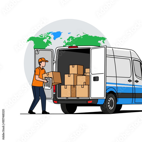 A delivery driver loads packages into a van while checking a shipment manifest, set against a stylized global logistics map in a simplified 2D flat illustration.