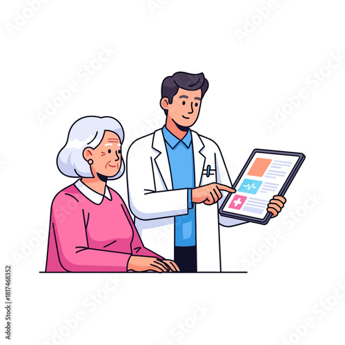 Doctor consulting elderly female patient about health data displayed on a large tablet, depicted in a modern flat vector illustration style with clean outlines.