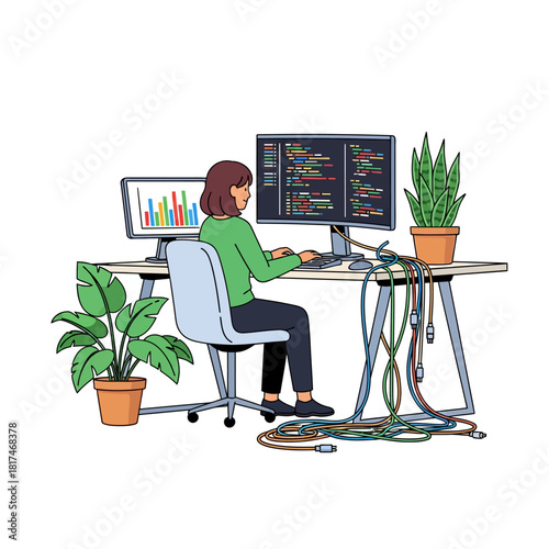 A female software engineer is comfortably working and typing code on a large curved monitor at a modern desk surrounded by vibrant potted office plants in a 2D flat vector illustration.