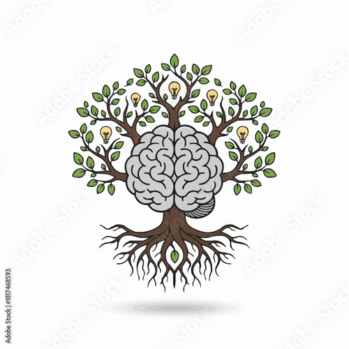 Brain tree with roots and branches bearing leaves and light bulb ideas