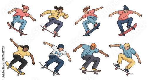 Dynamic Illustrations of Diverse Individuals Engaged in Skateboarding Activities