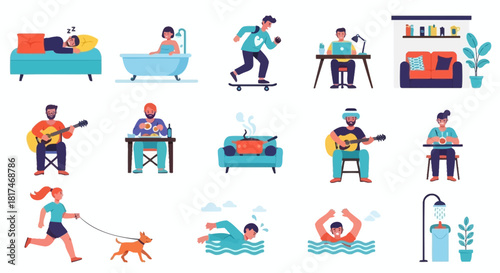 A diverse set of flat vector illustrations showing people engaged in daily life activities, hobbies, and leisure at home and outdoors