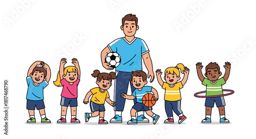 Kids doing exercises with their coach, vector illustration