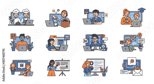 Online learning and remote work illustrated concepts for diverse professions and activities