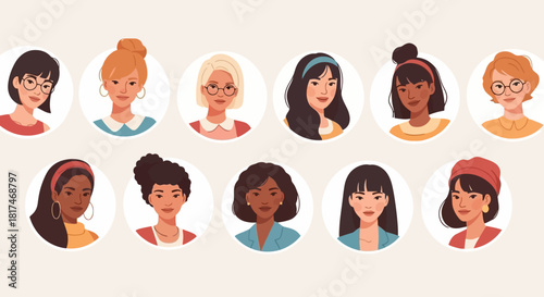 Vector illustration set of diverse female portraits. Collection of avatars featuring women of different ages and ethnicities