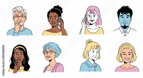 Collection of Diverse People's Portraits Expressing Various Emotions and Actions