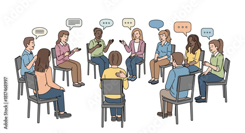 Diverse Group of Individuals Engaged in Open Communication and Collaborative Discussion in a Circle Setting, Fostering Understanding and Support Among Participants