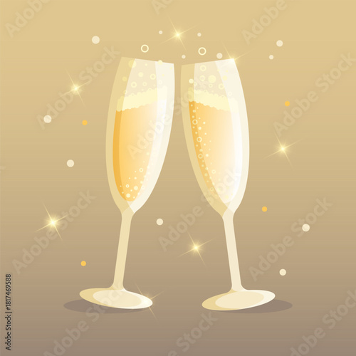 Two glasses of sparkling wine or champagne isolated on a gold background. EPS 10	