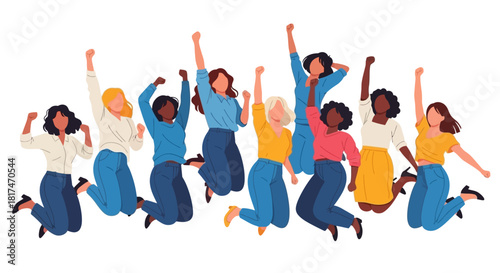 Illustration of diverse women jumping with joy, celebrating empowerment and solidarity together.