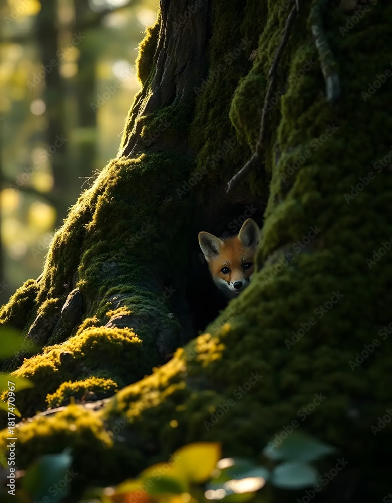 Naklejka premium Wildlife Portrait of a Fox Cub Hiding in an Old Forest Tree Trunk