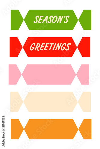 Colorful Christmas cracker PNG set featuring festive Season’s Greetings text and blank crackers in green, red, pink, cream, and orange. Perfect for holiday party, Christmas invitations, gift tags
