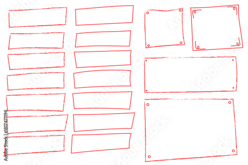 Hand-drawn red rectangular frames and borders with rough sketch texture. Collection of horizontal and vertical empty text boxes with grunge crayon style outlines for banners, labels, design elements