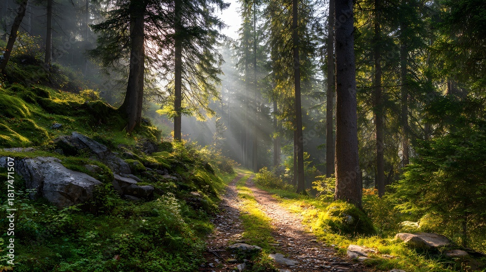 Obraz premium Sunlight streams through dense evergreen trees illuminating a mossy forest path