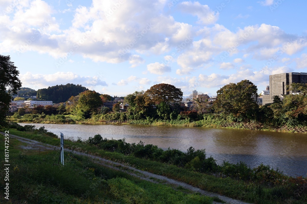 Fototapeta premium November 1, 2025. Sendai, Miyagi Prefecture, Japan.The riverbank of the Hirose River in autumn