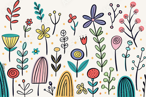 Whimsical Abstract Floral Illustration with Vibrant Plants