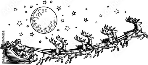vector illustration running reindeer under moon and stars in black and white engraving style for festive christmas decoration and seasonal graphics