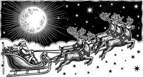 vector illustration santa claus flying with reindeer across night sky in black and white engraving style for christmas holiday design and festive decoration