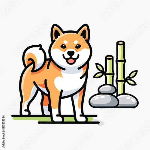 Cartoon Shiba Inu dog standing beside bamboo and stones on green grass
