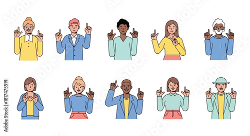 Diverse People Pointing Upwards in Uniform Style, Illustrative Representation on White Background