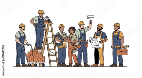 Team of Construction Workers A Diverse Group of Builders and Contractors Working Together on a Project