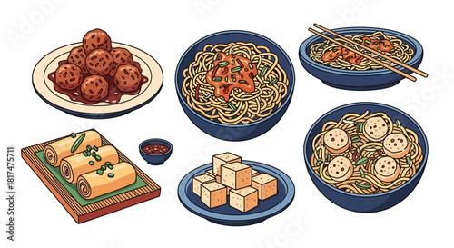 Delicious Asian Cuisine Illustration Noodles, Tofu, Spring Rolls, and Meatballs for Food Lovers