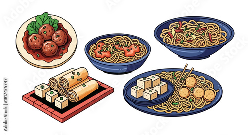 Variety of Delicious Asian Dishes Noodles, Spring Rolls, and Meatballs Displayed in Illustration