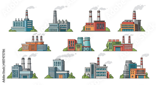 Diverse Illustrations of Factories Showcasing Architectural Styles and Industrial Landscapes, Vector Art