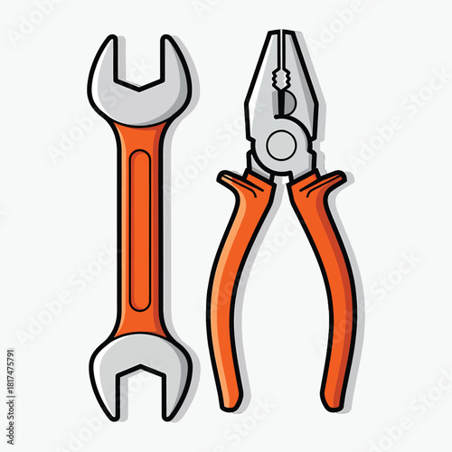 Illustration of adjustable wrench and pliers on white background