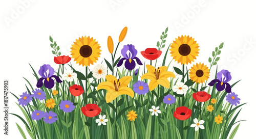 Vibrant Floral Meadow A Colorful Illustration of Sunflowers, Irises, Lilies, and Poppies