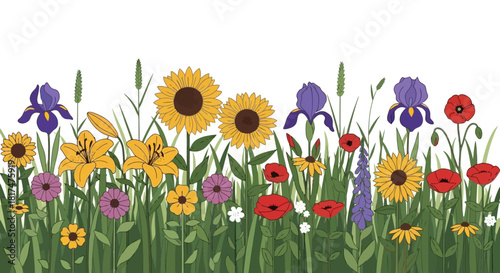 Vibrant Floral Border A Colorful Array of Wildflowers and Greenery for Design and Decoration