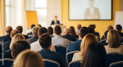 Audience attending a business conference or seminar with a speaker presenting on a large screen