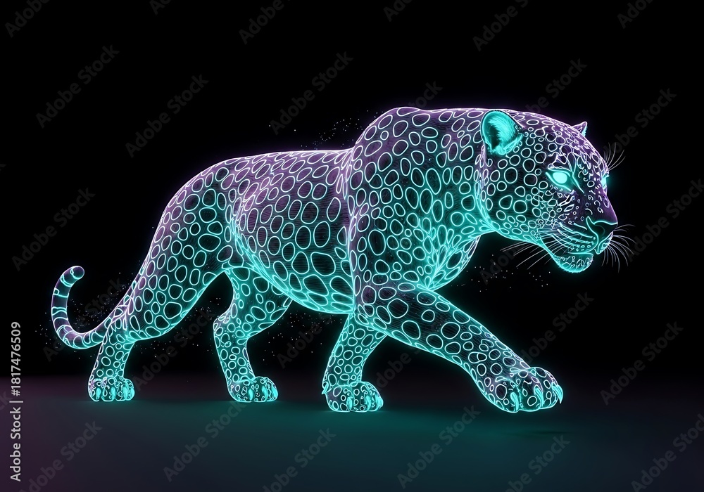 Fototapeta premium Luminous leopard illustration with striking neon glow and black backdrop a stylized representation