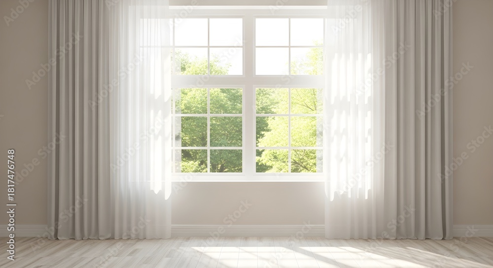 Fototapeta premium Bright Window with White Curtains and Sunlight Streaming Into an Empty Room