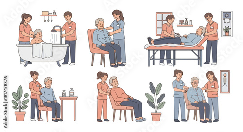 Elderly Care Assistance with Daily Activities and Medical Support in a Vector Illustration Set