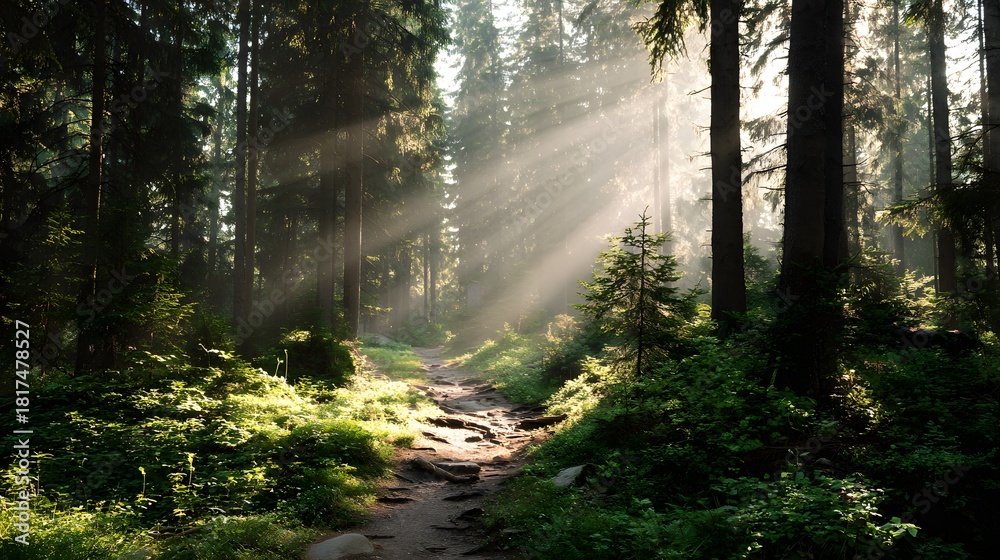Obraz premium Sunlight streams through dense evergreen trees illuminating a winding dirt path in the wilderness