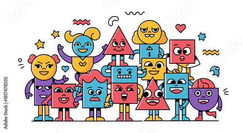 Cheerful Geometric Characters A Group of Diverse Shapes with Expressive Faces in a Fun Cartoon Style