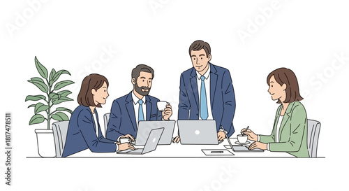 Business Meeting Colleagues Collaborating at a Table with Laptops and Coffee, Discussing Ideas