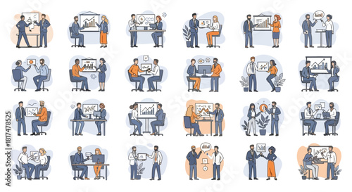 Set of Business Icons Depicting Teamwork, Meetings, Collaboration, and Presentations in Various Scenes