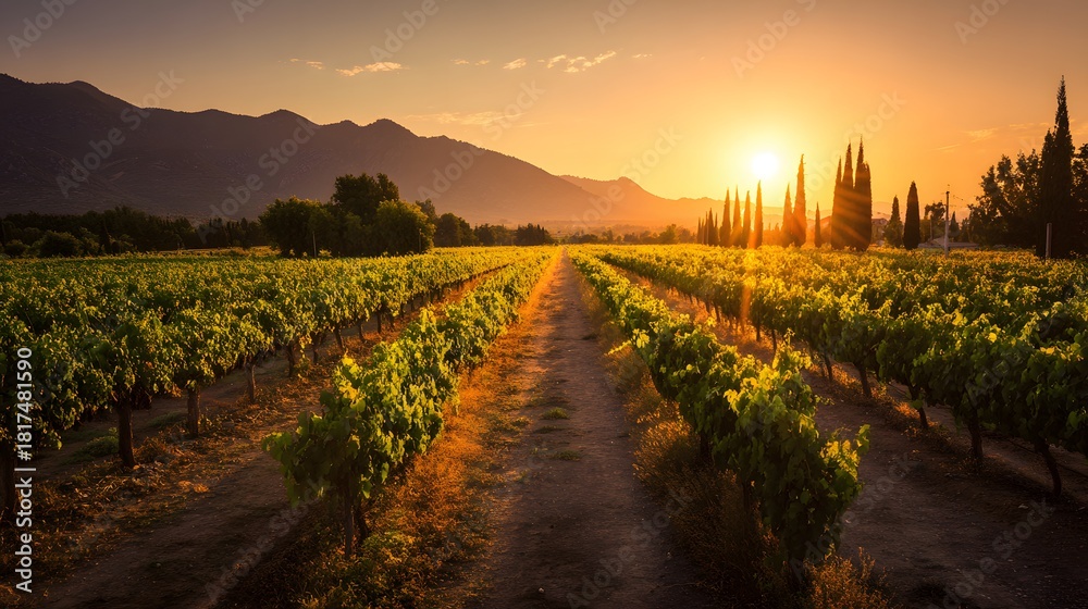 Fototapeta premium Lush rows of grapevines stretch towards a brilliant setting sun in a picturesque agricultural valley.